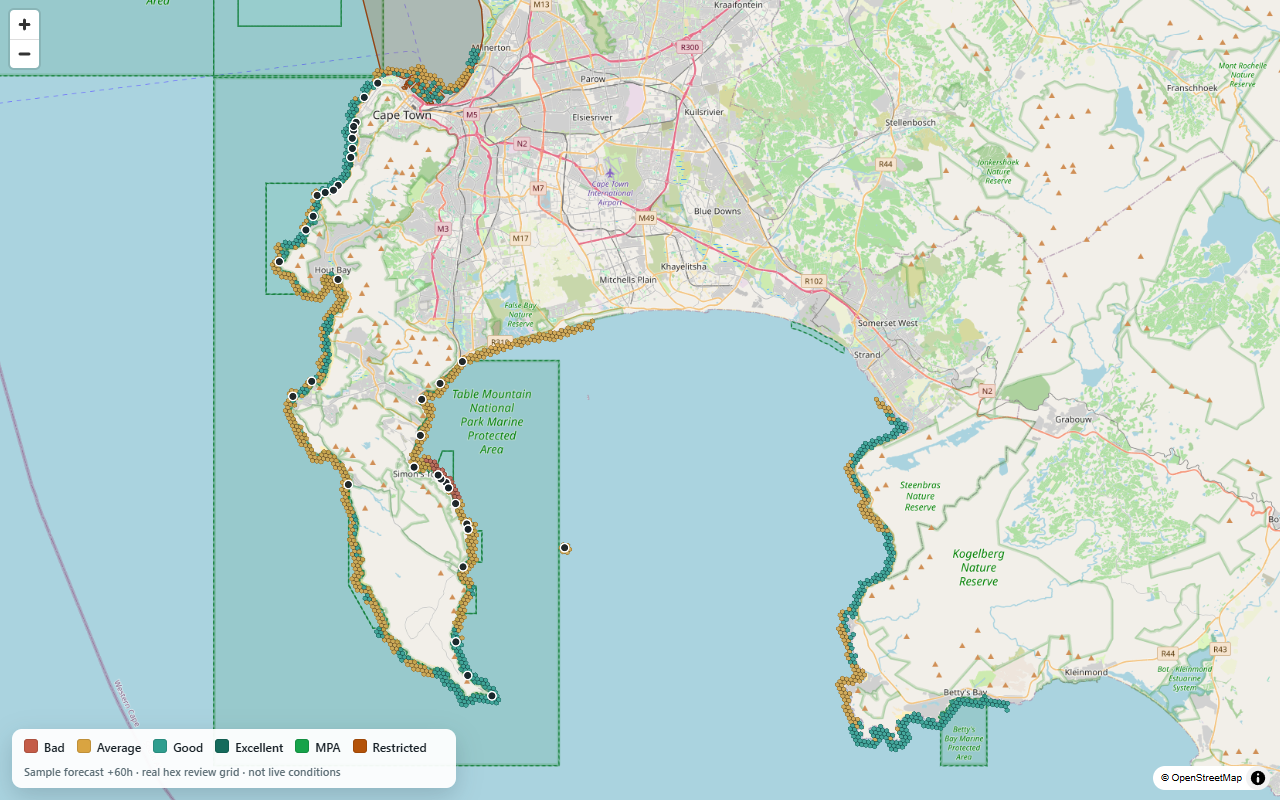 Sample Cape Town hex visibility review map covering False Bay and the Atlantic Seaboard